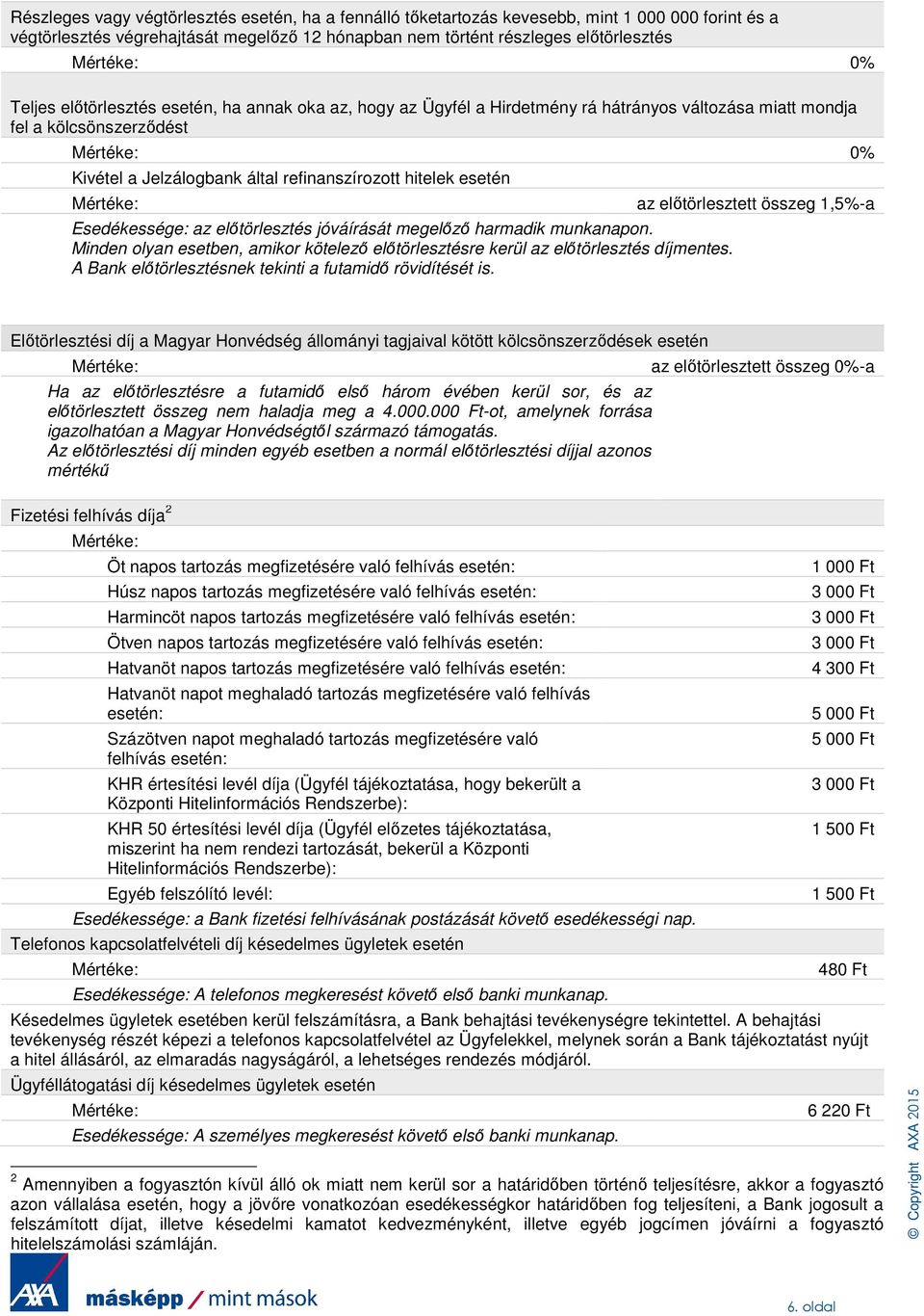 Esedékessége: az előtörlesztés jóváírását megelőző harmadik munkanapon. Minden olyan esetben, amikor kötelező előtörlesztésre kerül az előtörlesztés díjmentes.