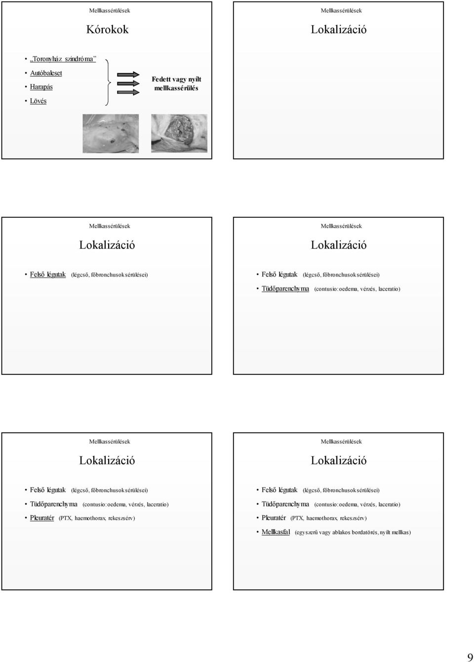 főbronchusok sérülései) Tüdőparenchyma (contusio: oedema, vérzés, laceratio) Pleuratér (PTX, haemothorax, rekeszsérv) Felső légutak (légcső, főbronchusok