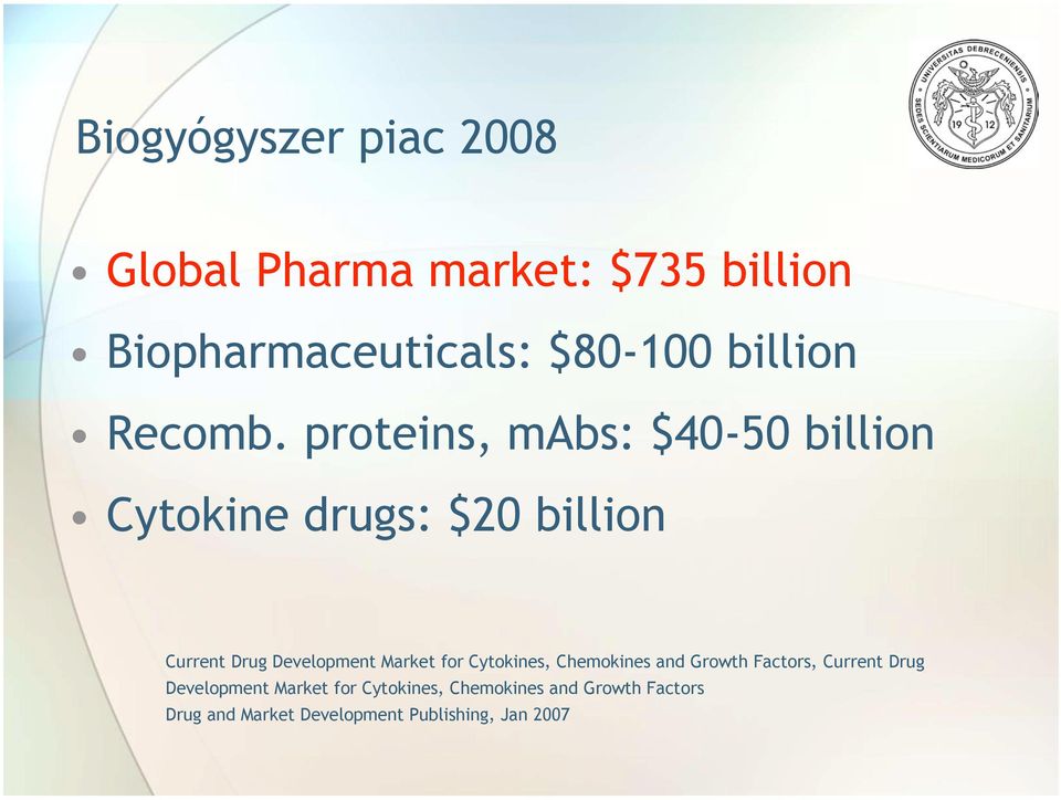 proteins, mabs: $40-50 billion Cytokine drugs: $20 billion Current Drug Development Market
