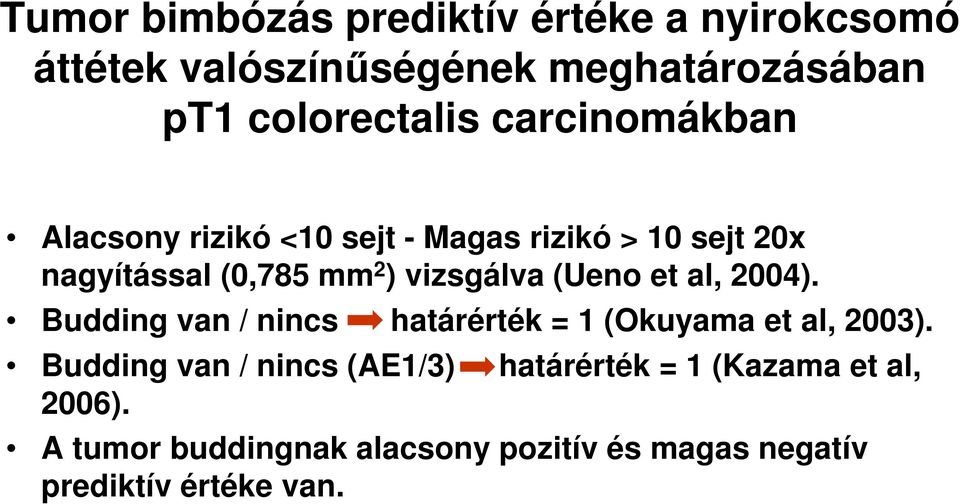 (Ueno et al, 2004). Budding van / nincs határérték = 1 (Okuyama et al, 2003).