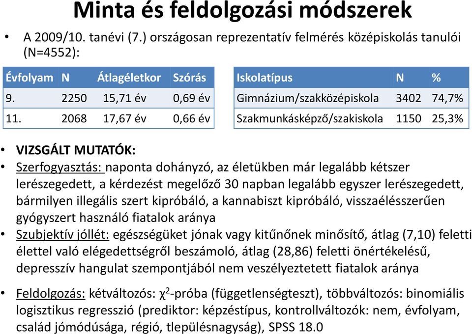 lerészegedett, a kérdezést megelőző 30 napban legalább egyszer lerészegedett, bármilyen illegális szert kipróbáló, a kannabiszt kipróbáló, visszaélésszerűen gyógyszert használó fiatalok aránya