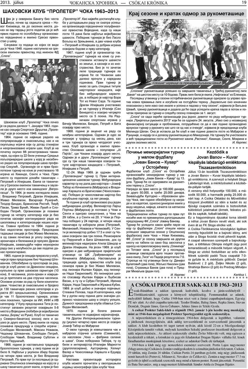 године наступила на среском екипном првенству, под именом ФД Слога. Шаховски клуб Пролетер Чока почео је са радом далеког 1. Јануара 1963.