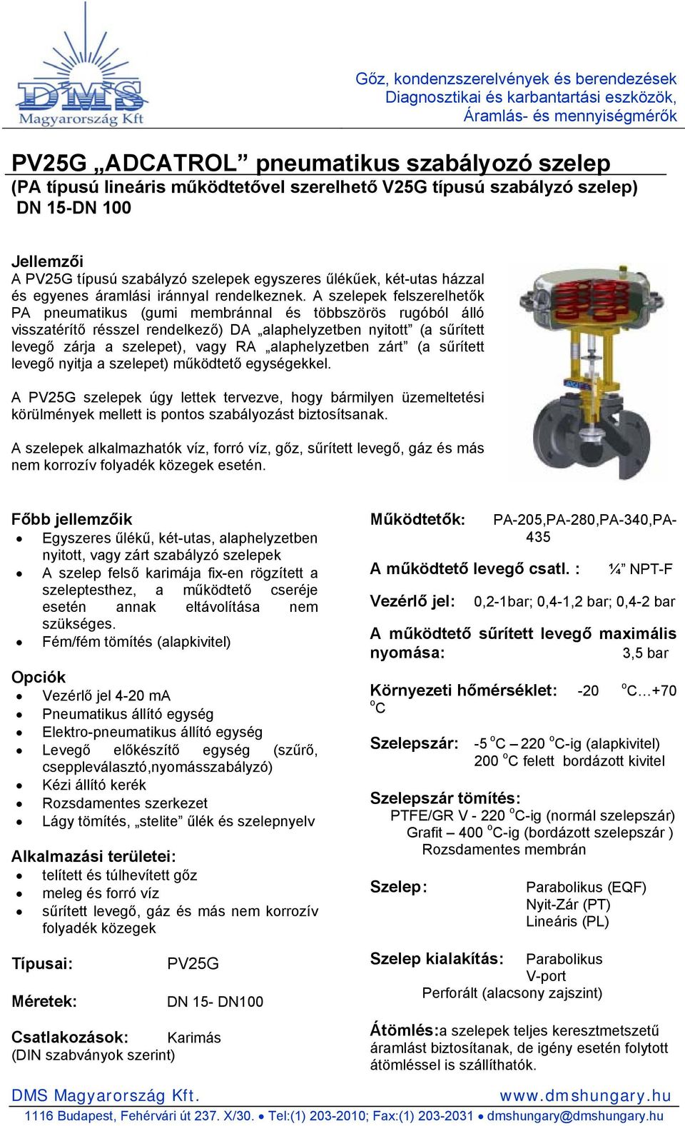 PV25G ADCATROL pneumatikus szabályozó szelep (PA típusú lineáris  működtetővel szerelhető V25G típusú szabályzó szelep) DN 15-DN PDF Ingyenes  letöltés