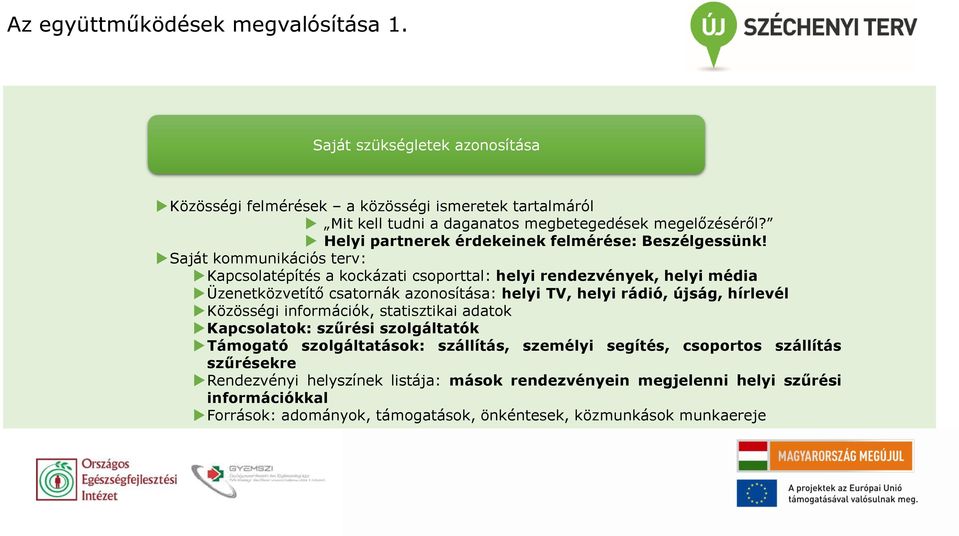 Saját kommunikációs terv: Kapcsolatépítés a kockázati csoporttal: helyi rendezvények, helyi média Üzenetközvetítő csatornák azonosítása: helyi TV, helyi rádió, újság, hírlevél