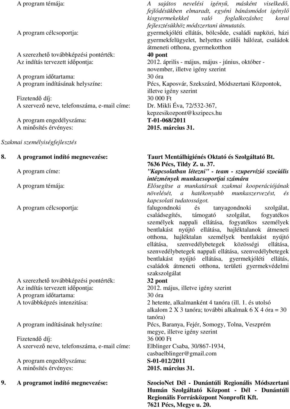 április - május, május - június, október - november, illetve Pécs, Kaposvár, Szekszárd, Módszertani Központok, illetve 30 000 Ft A szervező neve, telefonszáma, e-mail címe: Dr.