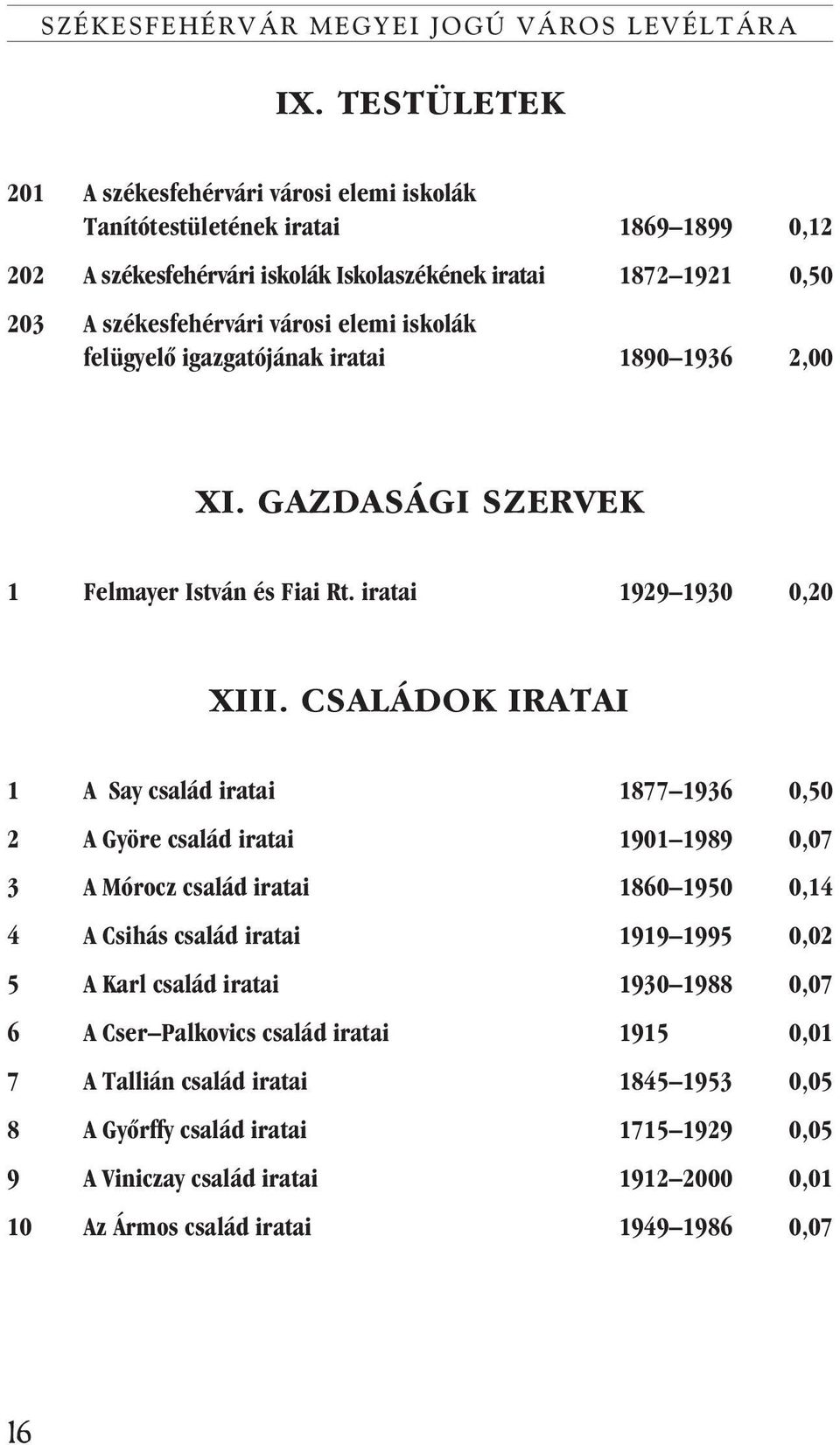 iskolák felügyelõ igazgatójának iratai 1890 1936 2,00 XI. GAZDASÁGI SZERVEK 1 Felmayer István és Fiai Rt. iratai 1929 1930 0,20 XIII.