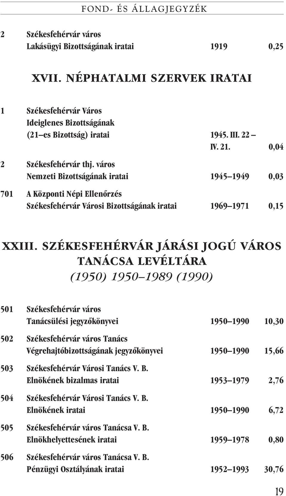 SZÉKESFEHÉRVÁR JÁRÁSI JOGÚ VÁROS TANÁCSA LEVÉLTÁRA (1950) 1950 1989 (1990) 501 Székesfehérvár város Tanácsülési jegyzõkönyvei 1950 1990 10,30 502 Székesfehérvár város Tanács Végrehajtóbizottságának