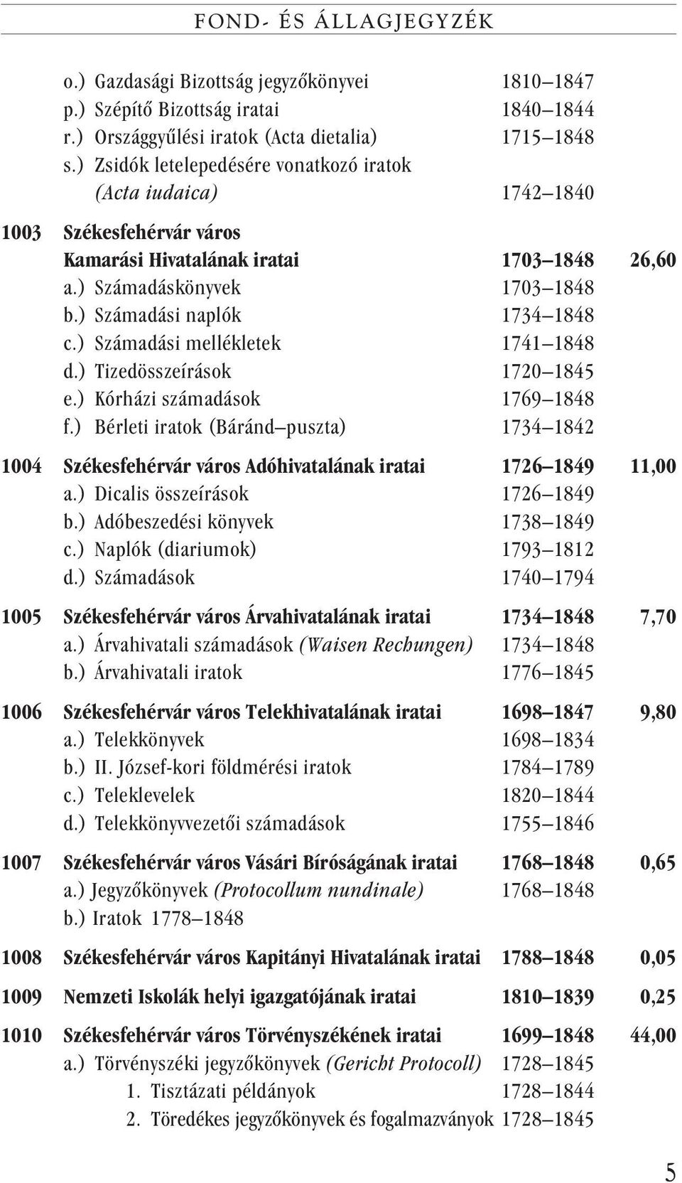 ) Számadási mellékletek 1741 1848 d.) Tizedösszeírások 1720 1845 e.) Kórházi számadások 1769 1848 f.