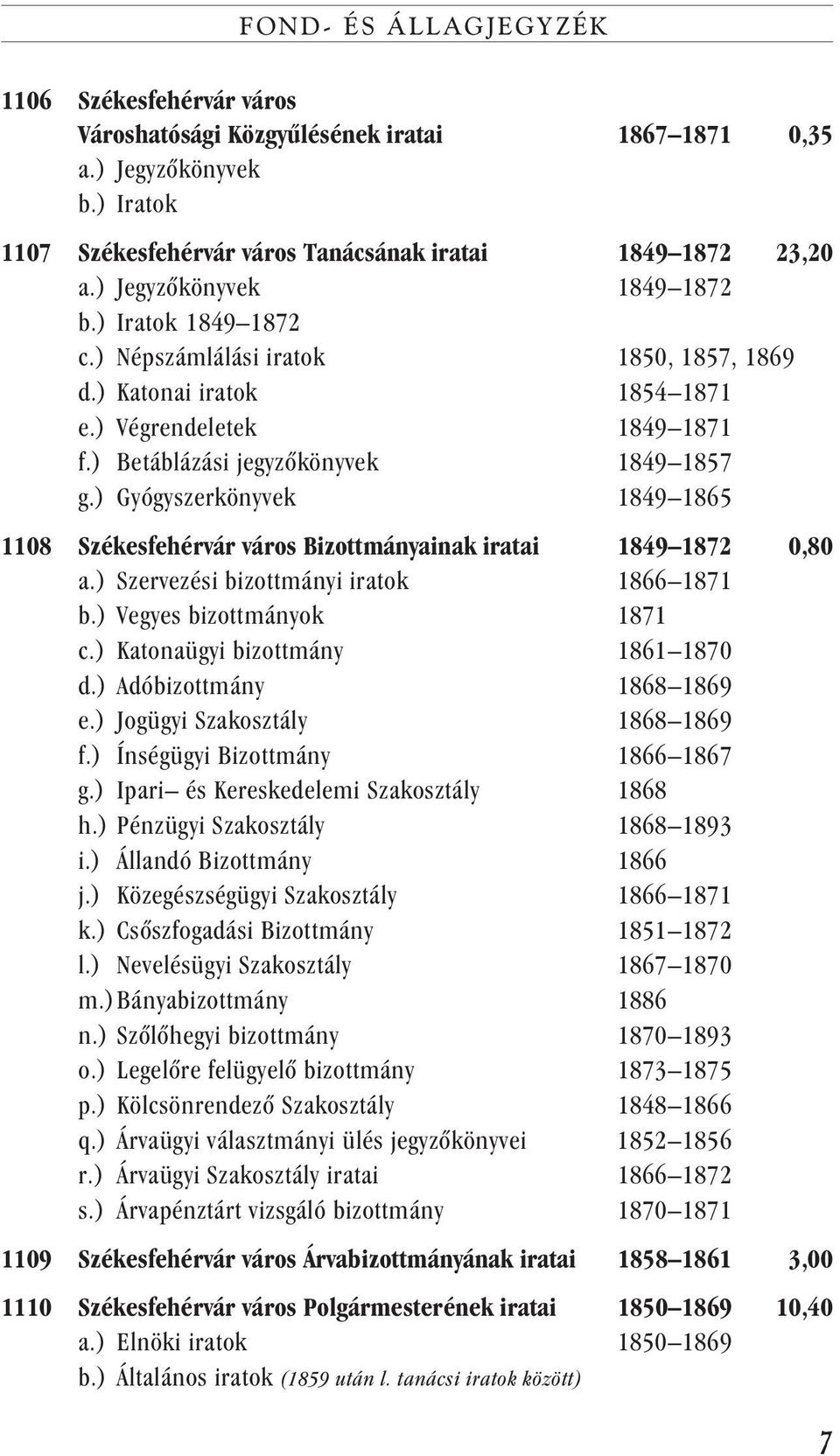 ) Gyógyszerkönyvek 1849 1865 1108 Székesfehérvár város Bizottmányainak iratai 1849 1872 0,80 a.) Szervezési bizottmányi iratok 1866 1871 b.) Vegyes bizottmányok 1871 c.