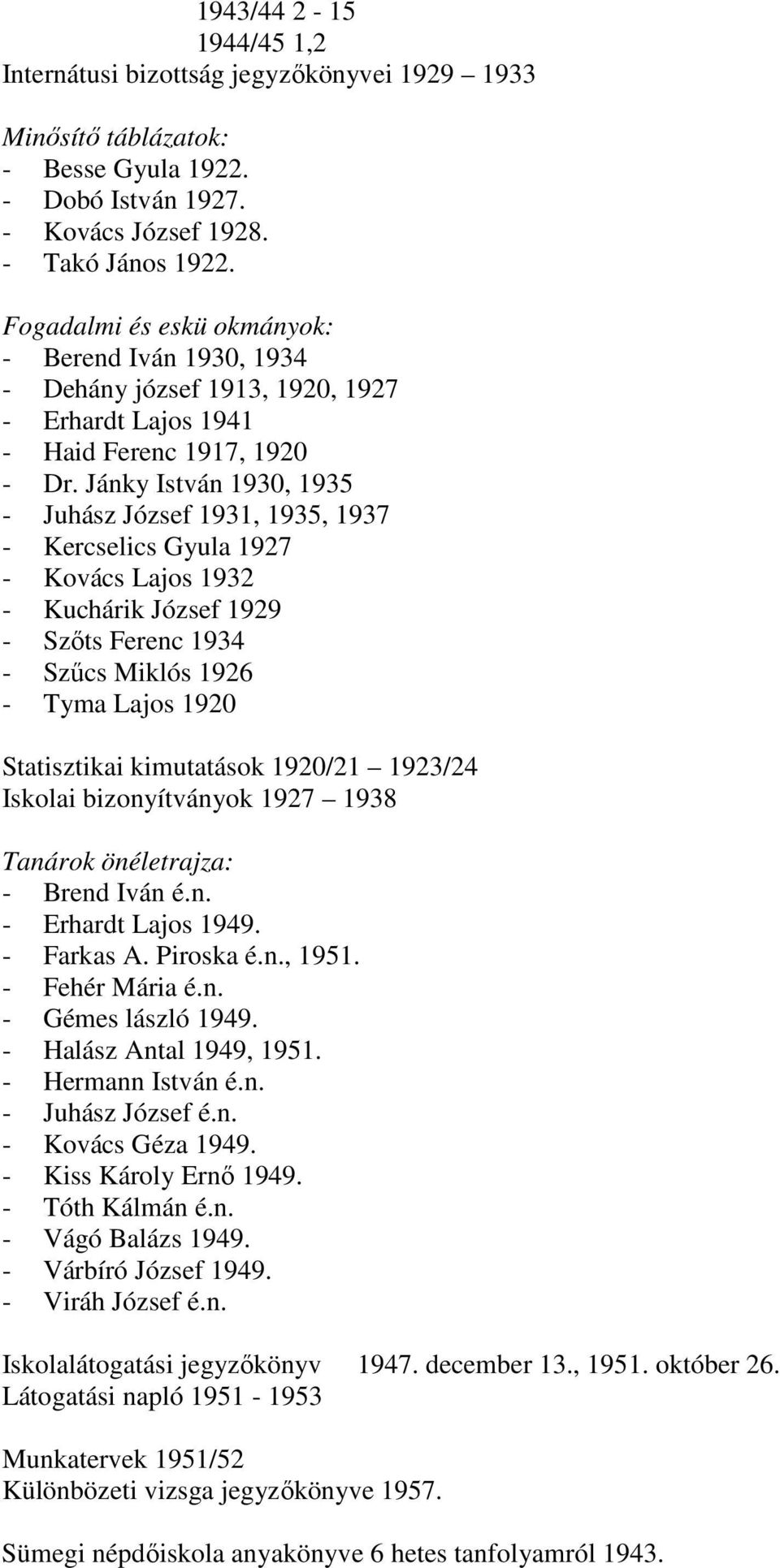 Jánky István 1930, 1935 - Juhász József 1931, 1935, 1937 - Kercselics Gyula 1927 - Kovács Lajos 1932 - Kuchárik József 1929 - Szőts Ferenc 1934 - Szűcs Miklós 1926 - Tyma Lajos 1920 Statisztikai