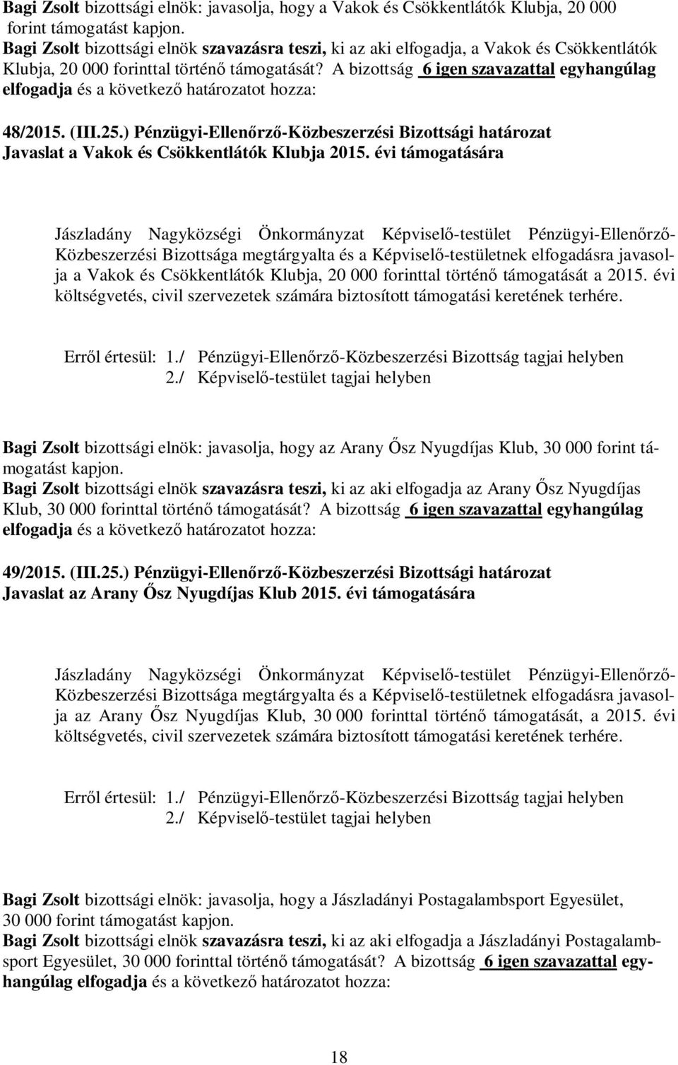 A bizottság 6 igen szavazattal egyhangúlag elfogadja és a következő határozatot hozza: 48/2015. (III.25.