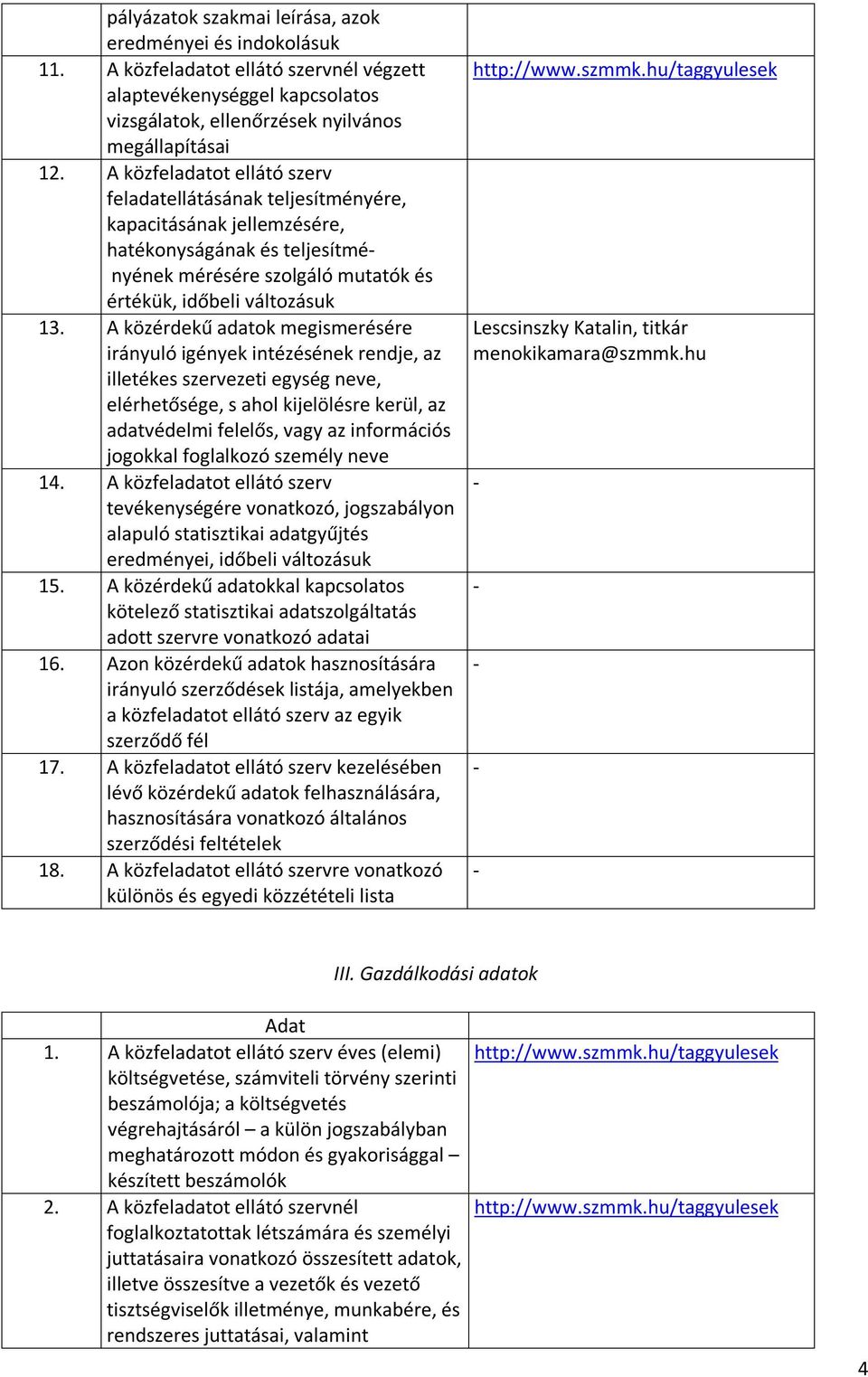 A közérdekű adatok megismerésére irányuló igények intézésének rendje, az illetékes szervezeti egység neve, elérhetősége, s ahol kijelölésre kerül, az adatvédelmi felelős, vagy az információs jogokkal