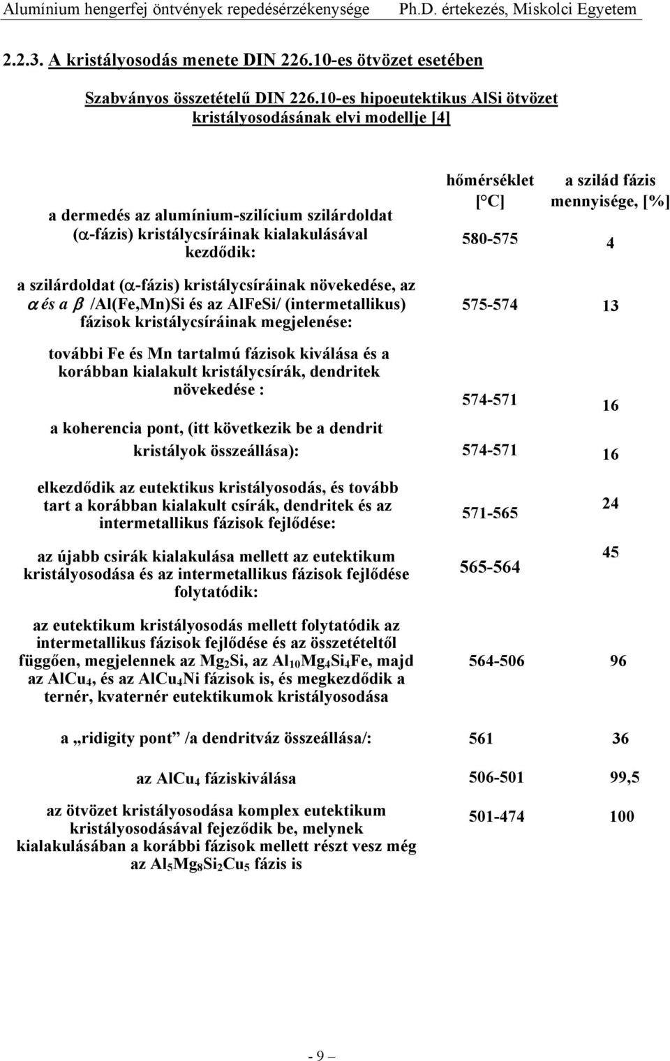 kristálycsíráinak növekedése, az α és a β /Al(Fe,Mn)Si és az AlFeSi/ (intermetallikus) fázisok kristálycsíráinak megjelenése: további Fe és Mn tartalmú fázisok kiválása és a korábban kialakult