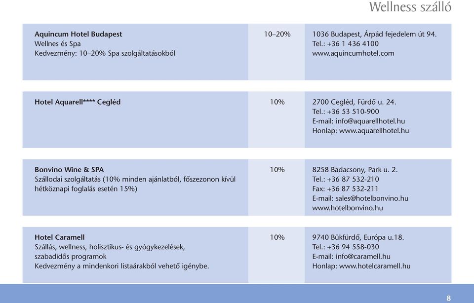 : +36 87 532-210 hétköznapi foglalás esetén 15%) Fax: +36 87 532-211 E-mail: sales@hotelbonvino.hu www.hotelbonvino.hu Hotel Caramell 10% 9740 Bükfürdő, Európa u.18.