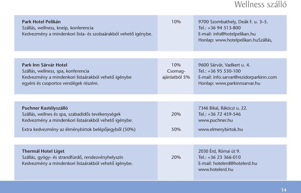 : +36 95 530-100 Kedvezmény a mindenkori listaárakból vehető igénybe ajánlatból 5% E-mail: info.sarvar@rezidorparkinn.com egyéni és csoportos vendégek részére. Honlap: www.parkinnsarvar.