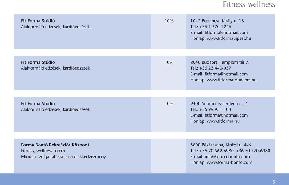 hu Fit Forma Stúdió 10% 9400 Sopron, Faller Jenő u. 2. Alakformáló edzések, kardióedzések Tel.: +36 99 951-104 E-mail: fitforma@