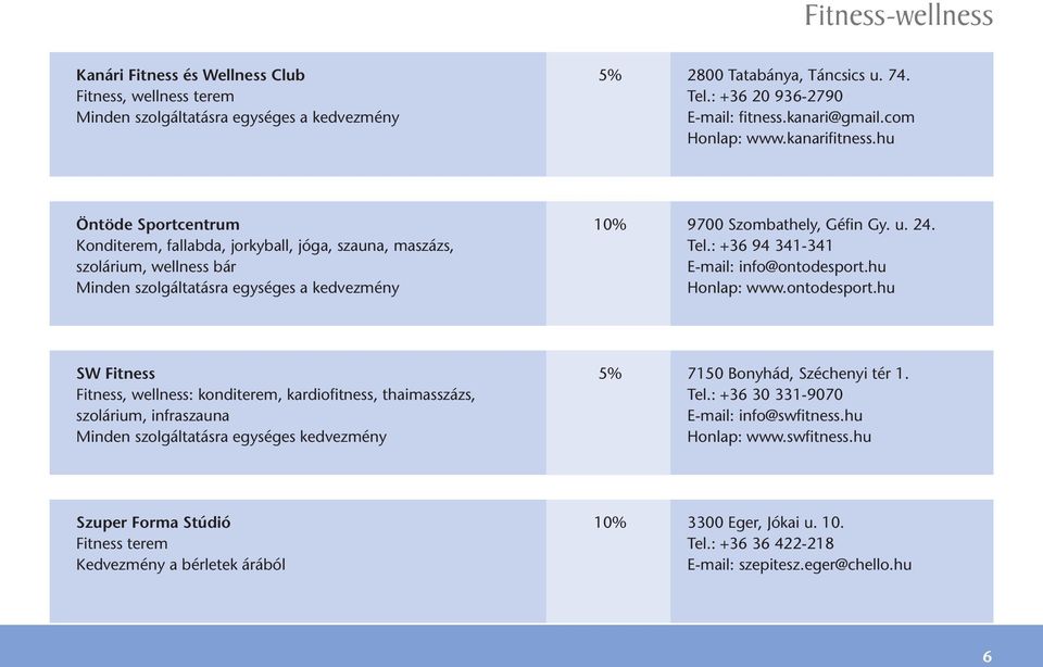 : +36 94 341-341 szolárium, wellness bár E-mail: info@ontodesport.hu Minden szolgáltatásra egységes a kedvezmény Honlap: www.ontodesport.hu SW Fitness 5% 7150 Bonyhád, Széchenyi tér 1.