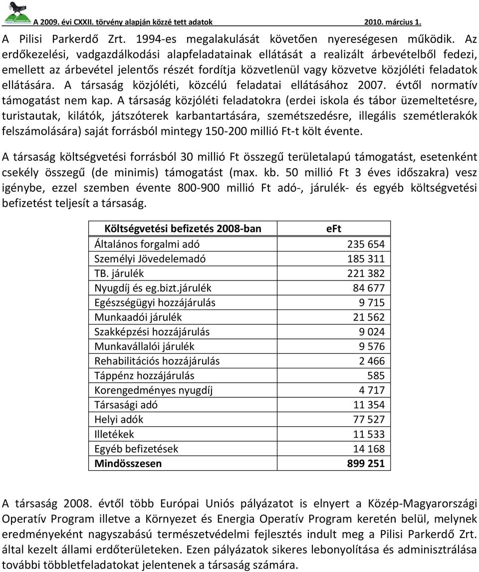 A társaság közjóléti, közcélú feladatai ellátásához 2007. évtől normatív támogatást nem kap.