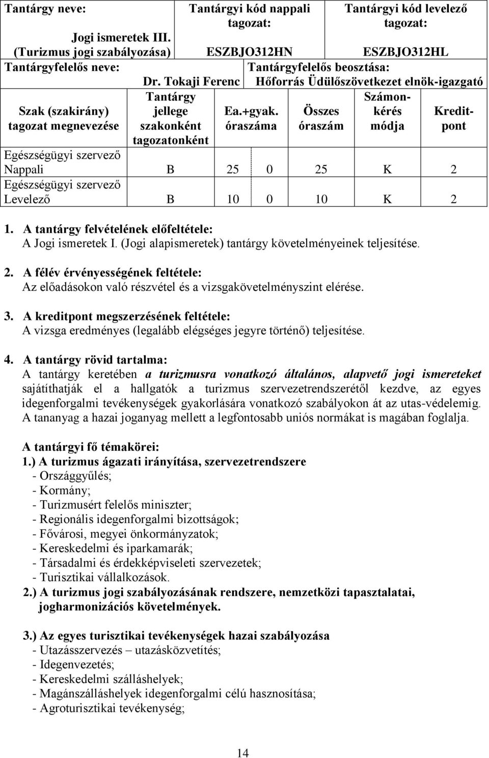 óraszáma Összes óraszám Számonkérés módja Kreditpont Nappali B 25 0 25 K 2 Levelező B 10 0 10 K 2 1. A tantárgy felvételének előfeltétele: A Jogi ismeretek I.
