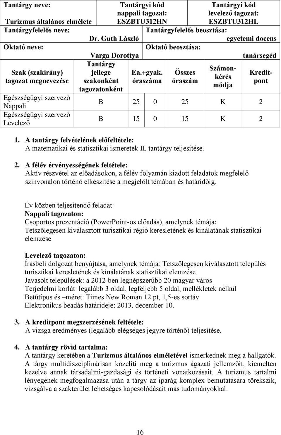Összes Kredittagozat megnevezése szakonként óraszáma óraszám pont módja tagozatonként Nappali B 25 0 25 K 2 Levelező B 15 0 15 K 2 1.