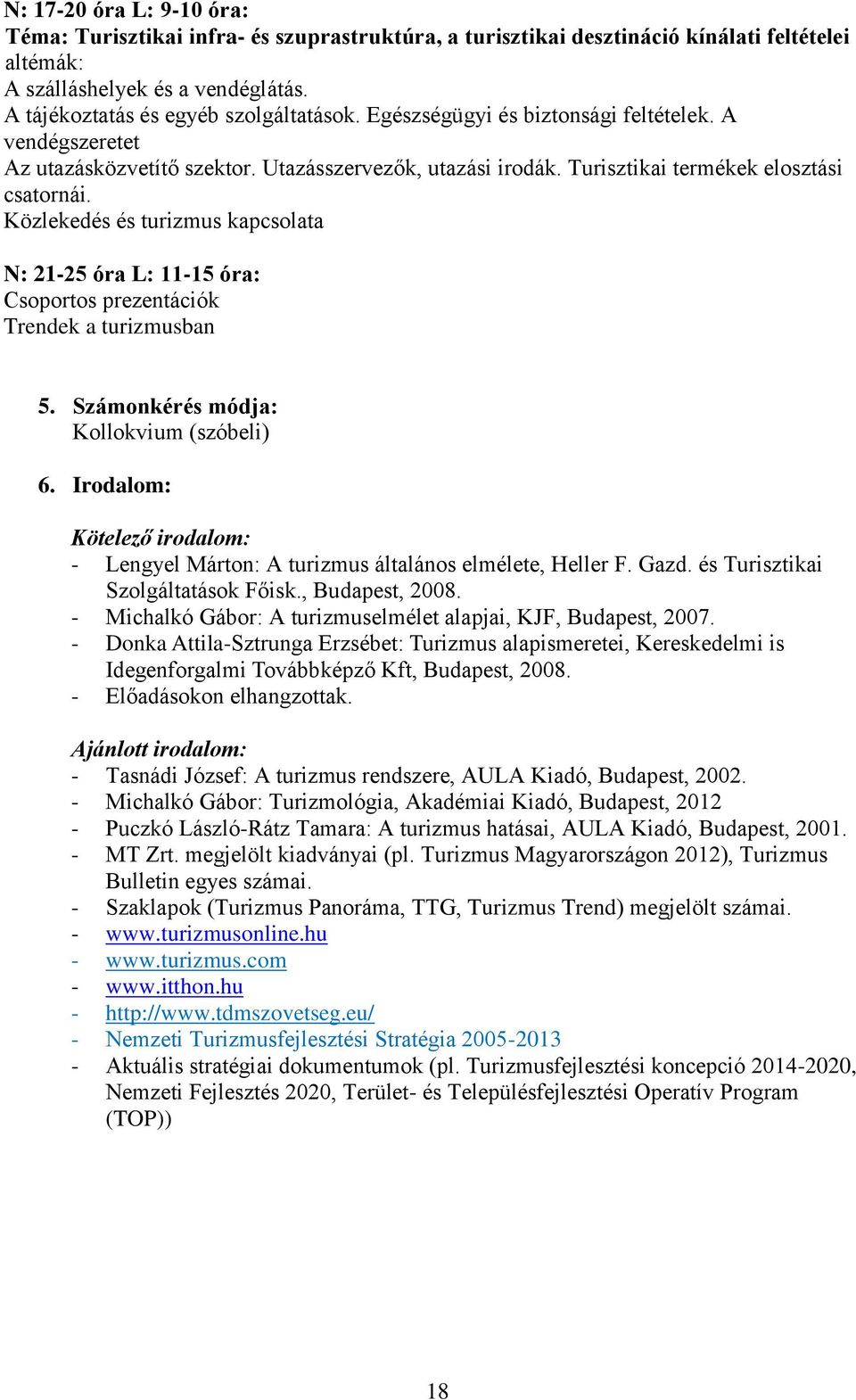 Közlekedés és turizmus kapcsolata N: 21-25 óra L: 11-15 óra: Csoportos prezentációk Trendek a turizmusban 5. Számonkérés módja: Kollokvium (szóbeli) 6.