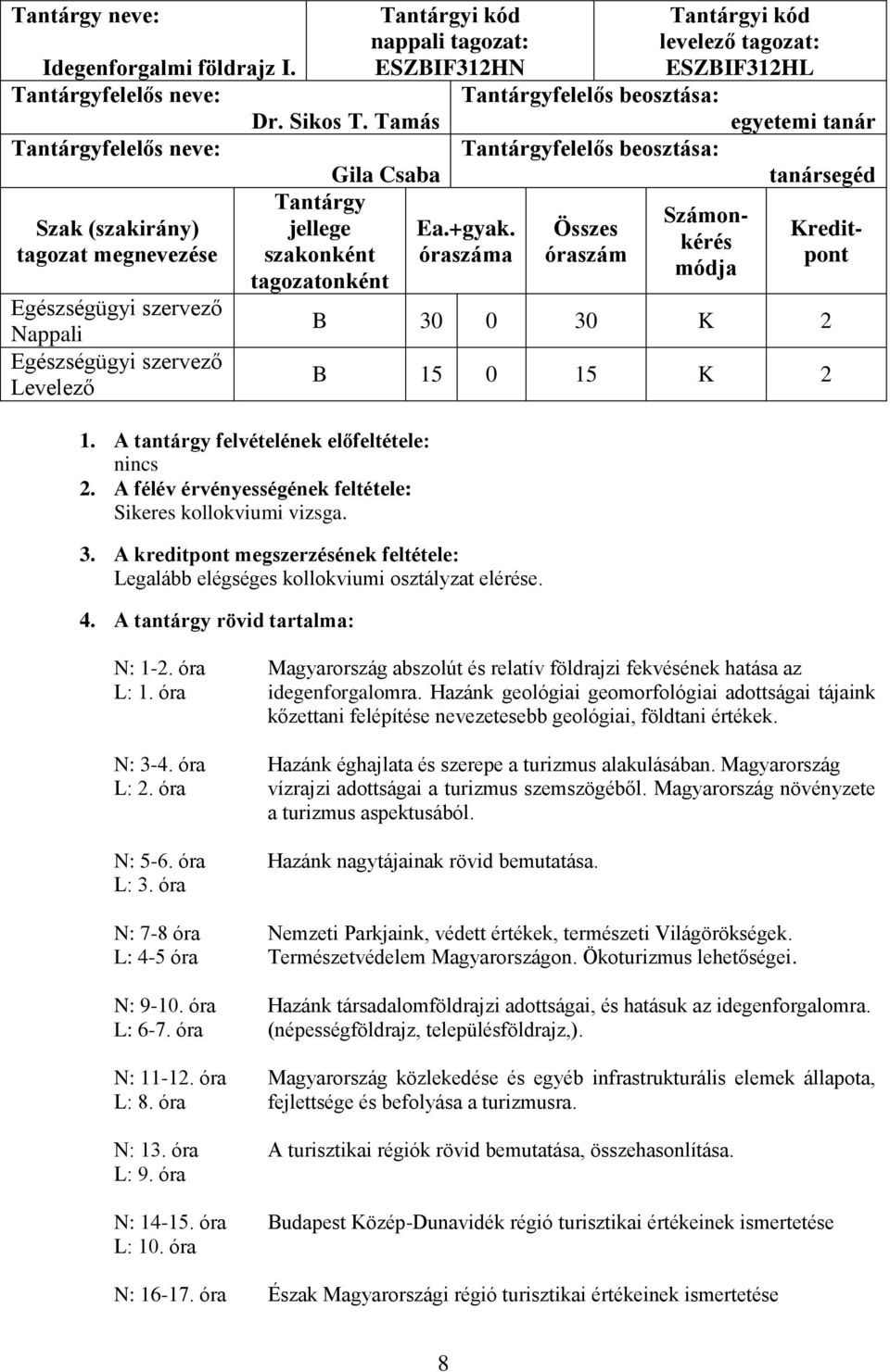 Összes Kredittagozat megnevezése szakonként óraszáma óraszám pont módja tagozatonként Nappali B 30 0 30 K 2 Levelező B 15 0 15 K 2 1. A tantárgy felvételének előfeltétele: nincs 2.