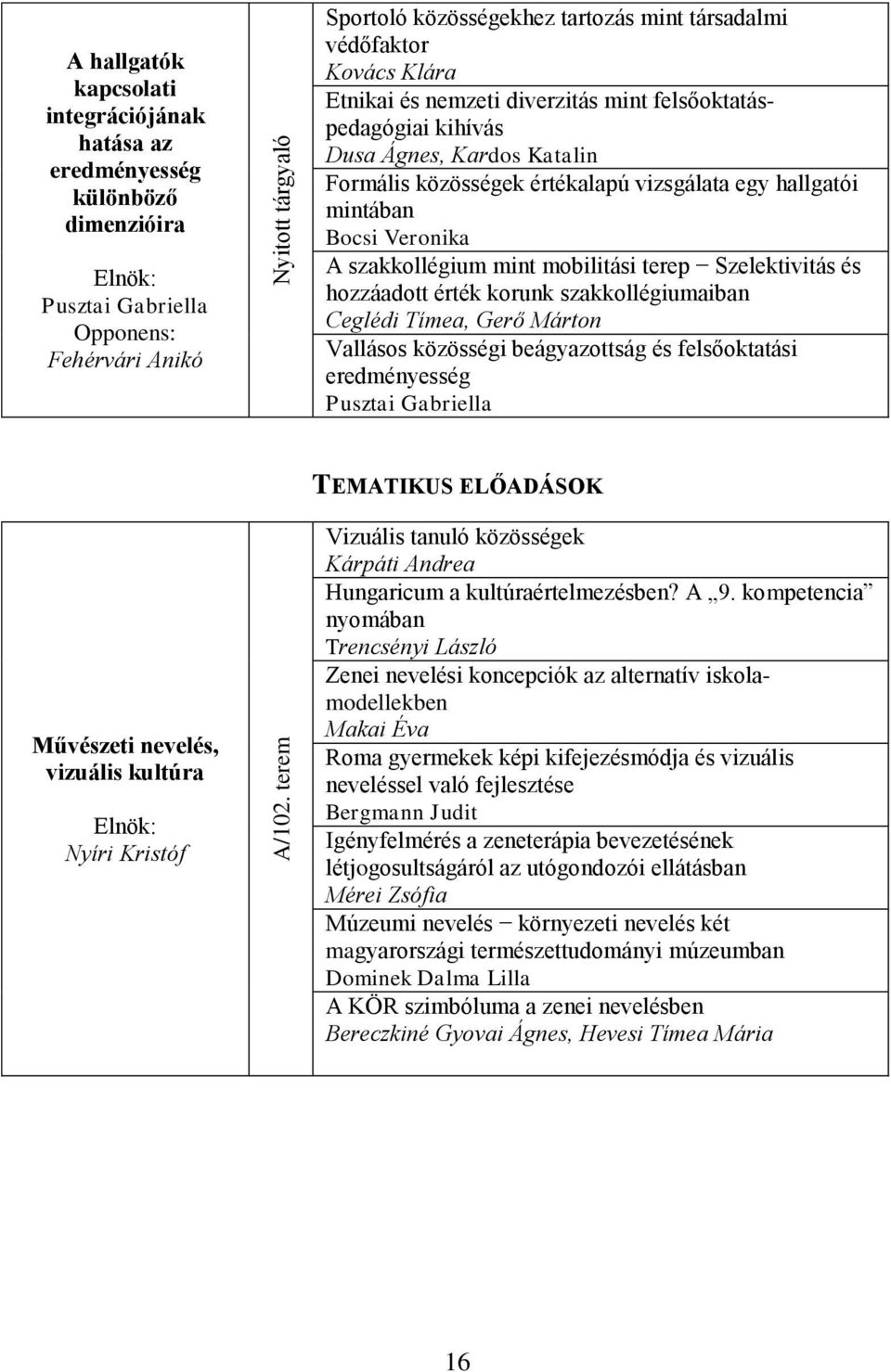 társadalmi védőfaktor Kovács Klára Etnikai és nemzeti diverzitás mint felsőoktatáspedagógiai kihívás Dusa Ágnes, Kardos Katalin Formális közösségek értékalapú vizsgálata egy hallgatói mintában Bocsi