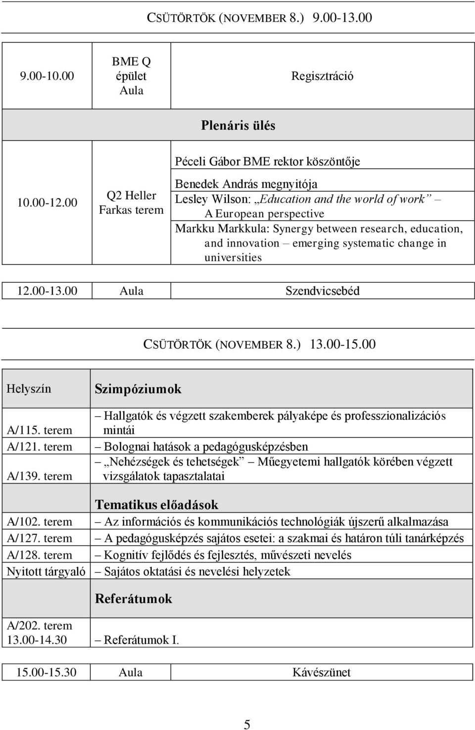 education, and innovation emerging systematic change in universities 12.00-13.00 Aula Szendvicsebéd CSÜTÖRTÖK (NOVEMBER 8.) 13.00-15.00 Helyszín A/115. terem A/121. terem A/139.