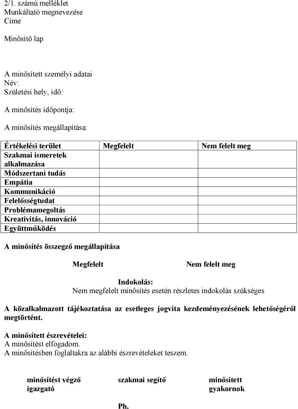 megállapítása Megfelelt Nem felelt meg Indokolás: Nem megfelelt minősítés esetén részletes indokolás szükséges A közalkalmazott tájékoztatása az esetleges jogvita kezdeményezésének