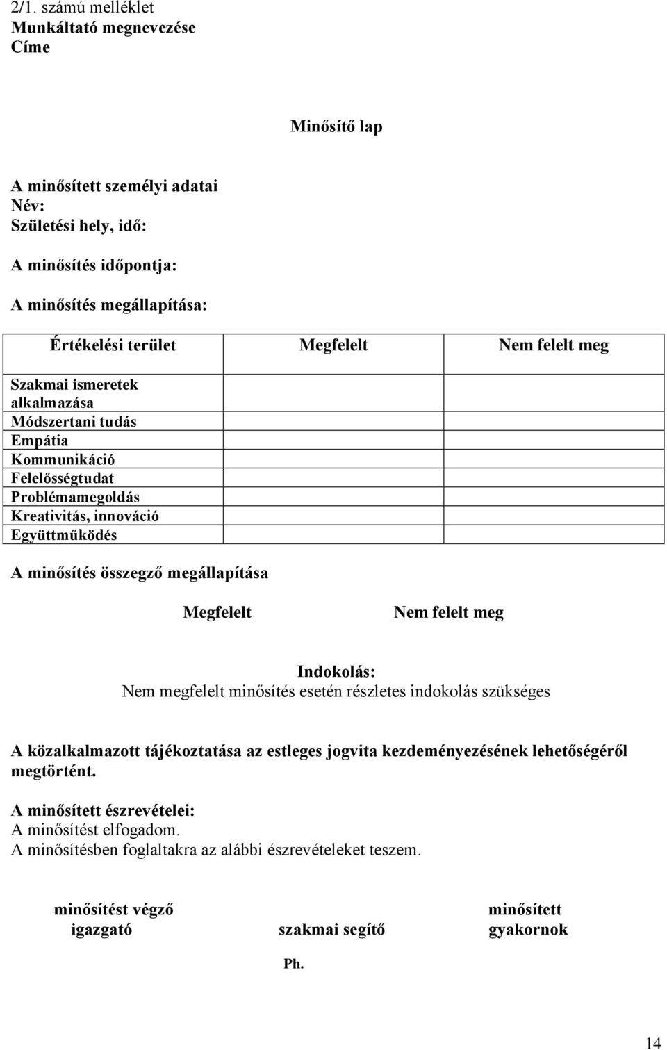 megállapítása Megfelelt Nem felelt meg Indokolás: Nem megfelelt minősítés esetén részletes indokolás szükséges A közalkalmazott tájékoztatása az estleges jogvita kezdeményezésének