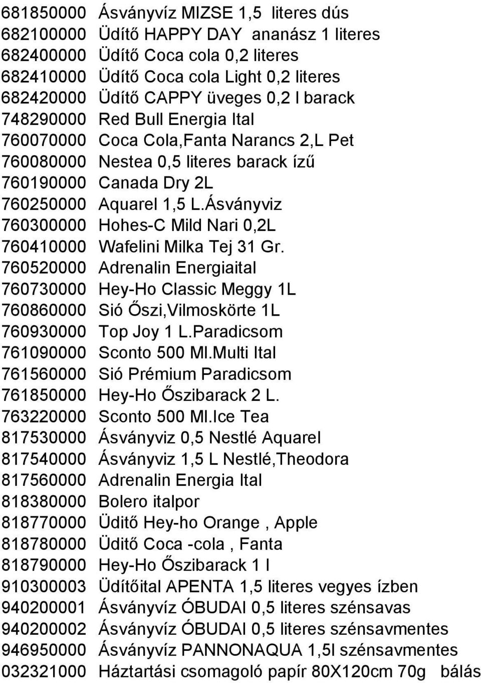 Ásványviz 760300000 Hohes-C Mild Nari 0,2L 760410000 Wafelini Milka Tej 31 Gr.