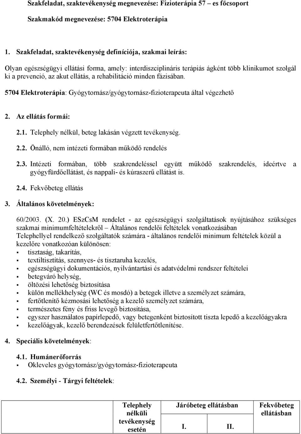 rehabilitáció minden fázisában. 5704 Elektroterápia: Gyógytornász/gyógytornász-fizioterapeuta által végezhető 2. Az ellátás formái: 2.1. Telephely nélkül, beteg lakásán végzett tevékenység. 2.2. Önálló, nem intézeti formában működő rendelés 2.