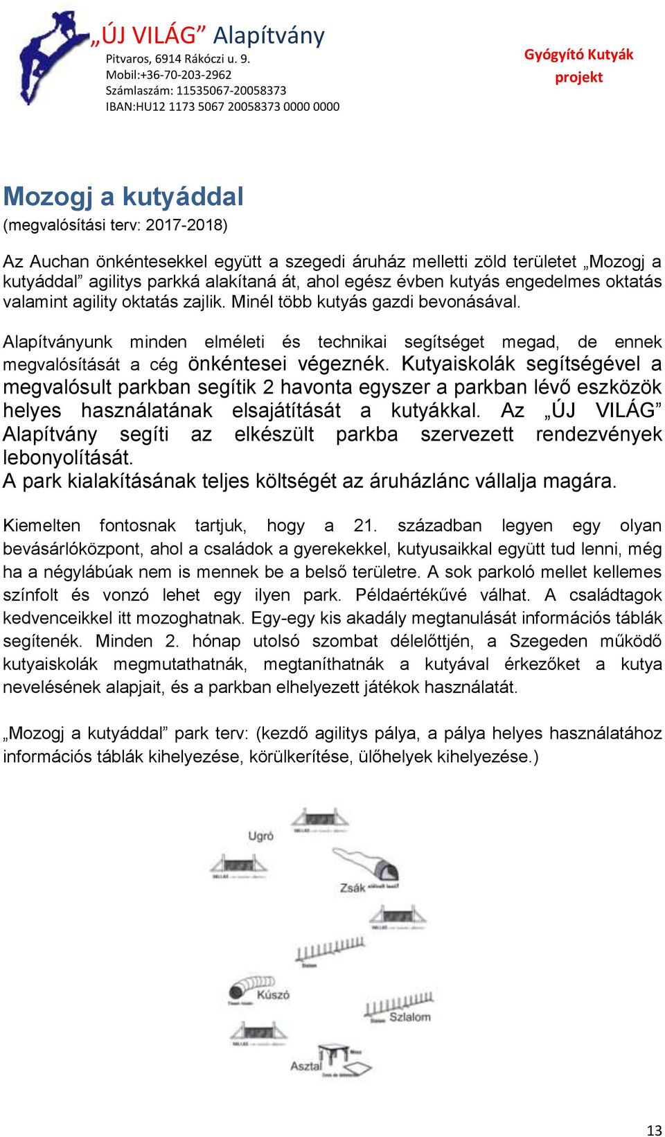Kutyaiskolák segítségével a megvalósult parkban segítik 2 havonta egyszer a parkban lévő eszközök helyes használatának elsajátítását a kutyákkal.
