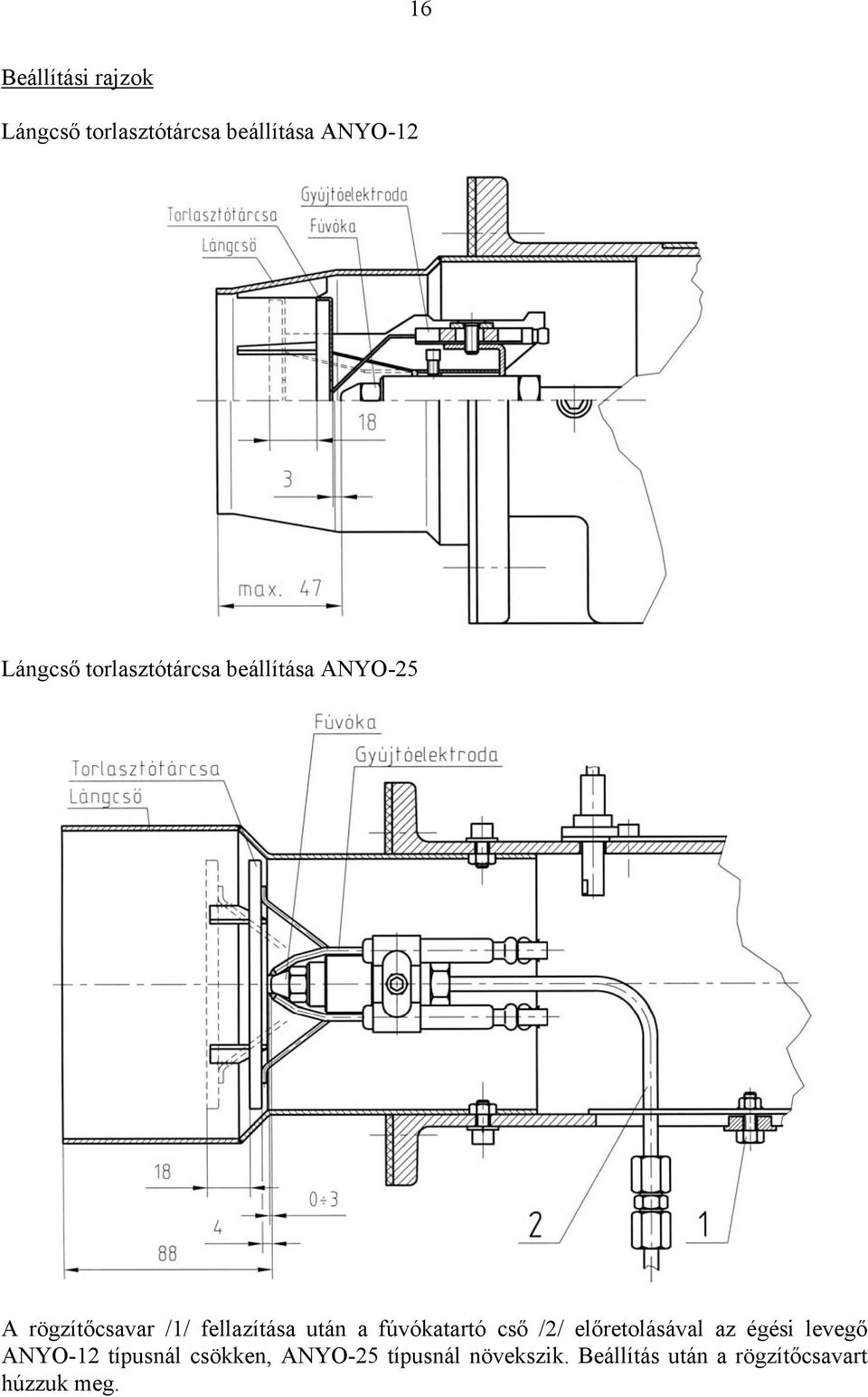 fúvókatartó cső /2/ előretolásával az égési levegő ANYO-12 típusnál