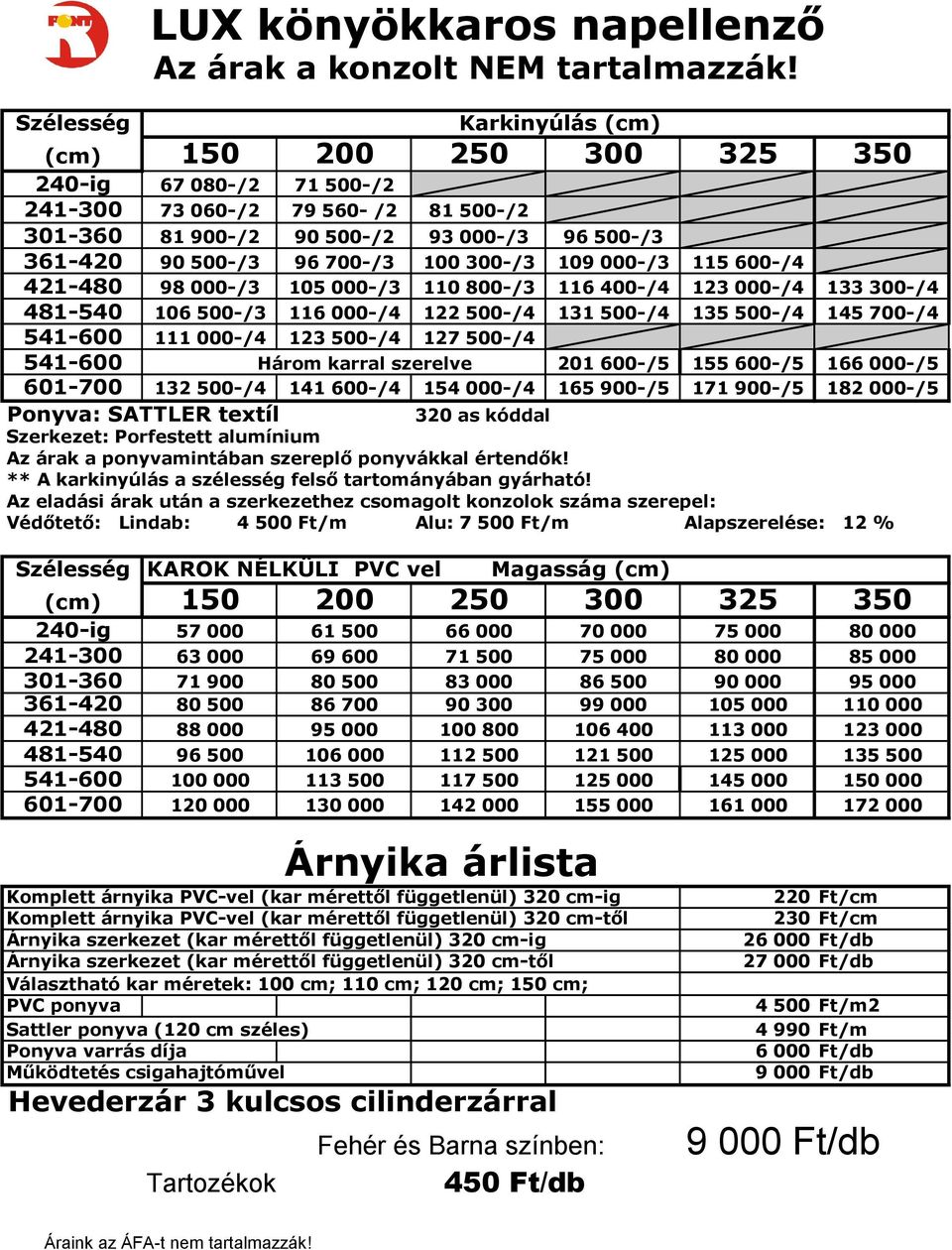 111 000-/4 123 500-/4 127 500-/4 541-600 Három karral szerelve 201 600-/5 155 600-/5 166 000-/5 601-700 132 500-/4 141 600-/4 154 000-/4 165 900-/5 171 900-/5 182 000-/5 Ponyva: SATTLER textíl 320 as