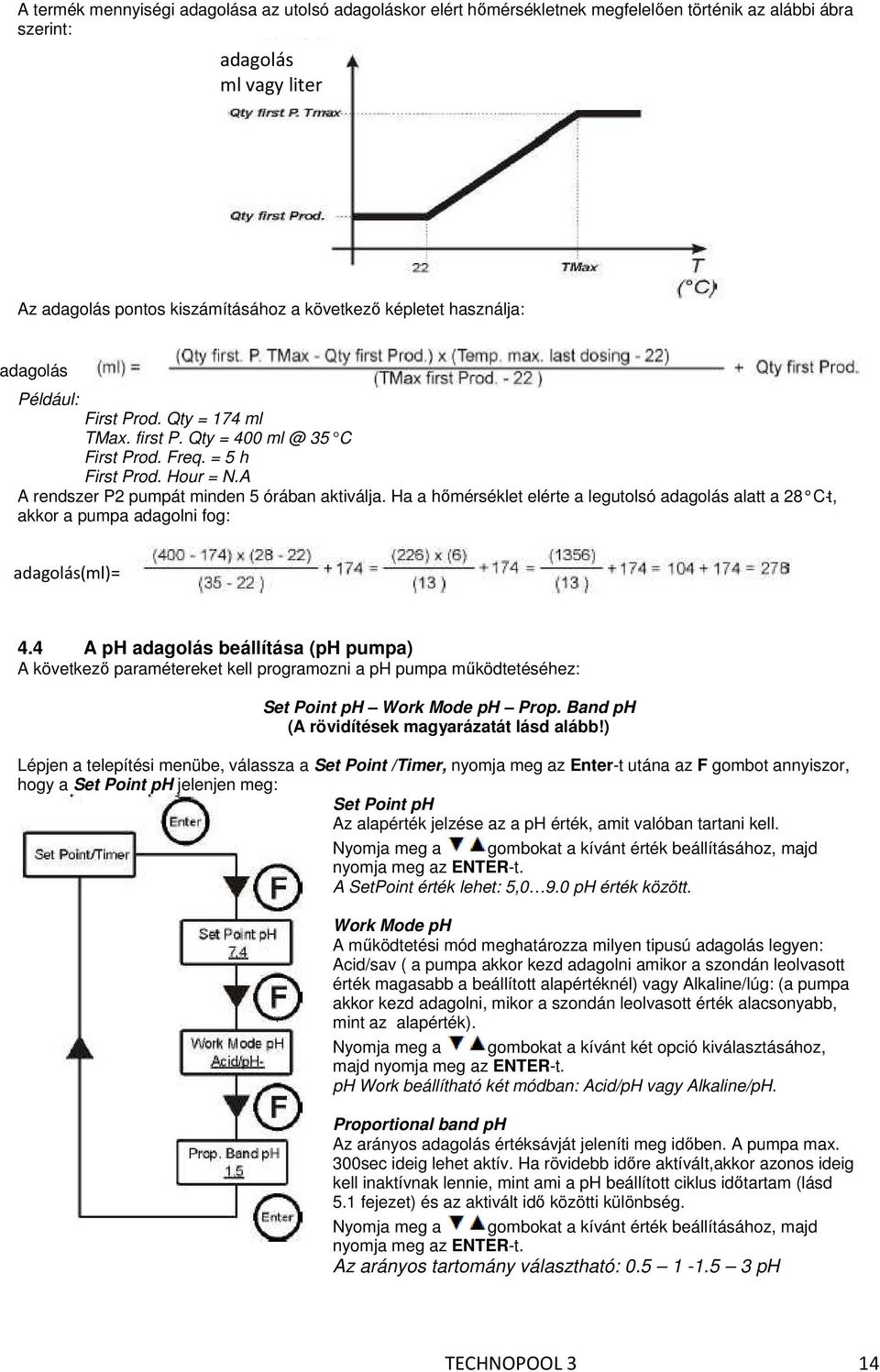 Ha a hőmérséklet elérte a legutolsó adagolás alatt a 28 C-t, akkor a pumpa adagolni fog: adagolás(ml)= 4.