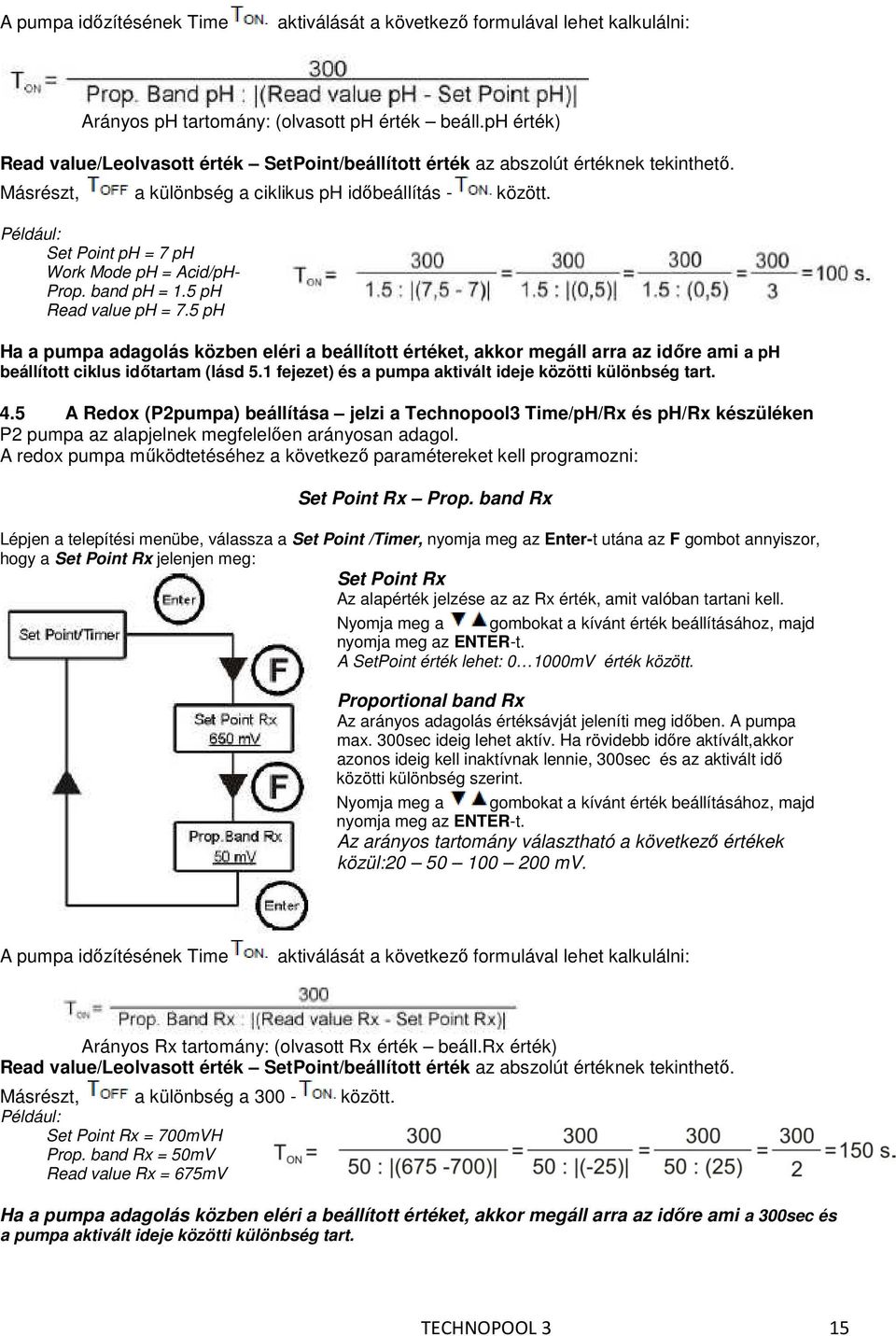 Például: Set Point ph = 7 ph Work Mode ph = Acid/pH- Prop. band ph = 1.5 ph Read value ph = 7.