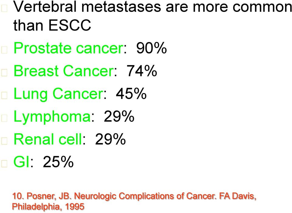 Lymphoma: 29% Renal cell: 29% GI: 25% 10. Posner, JB.