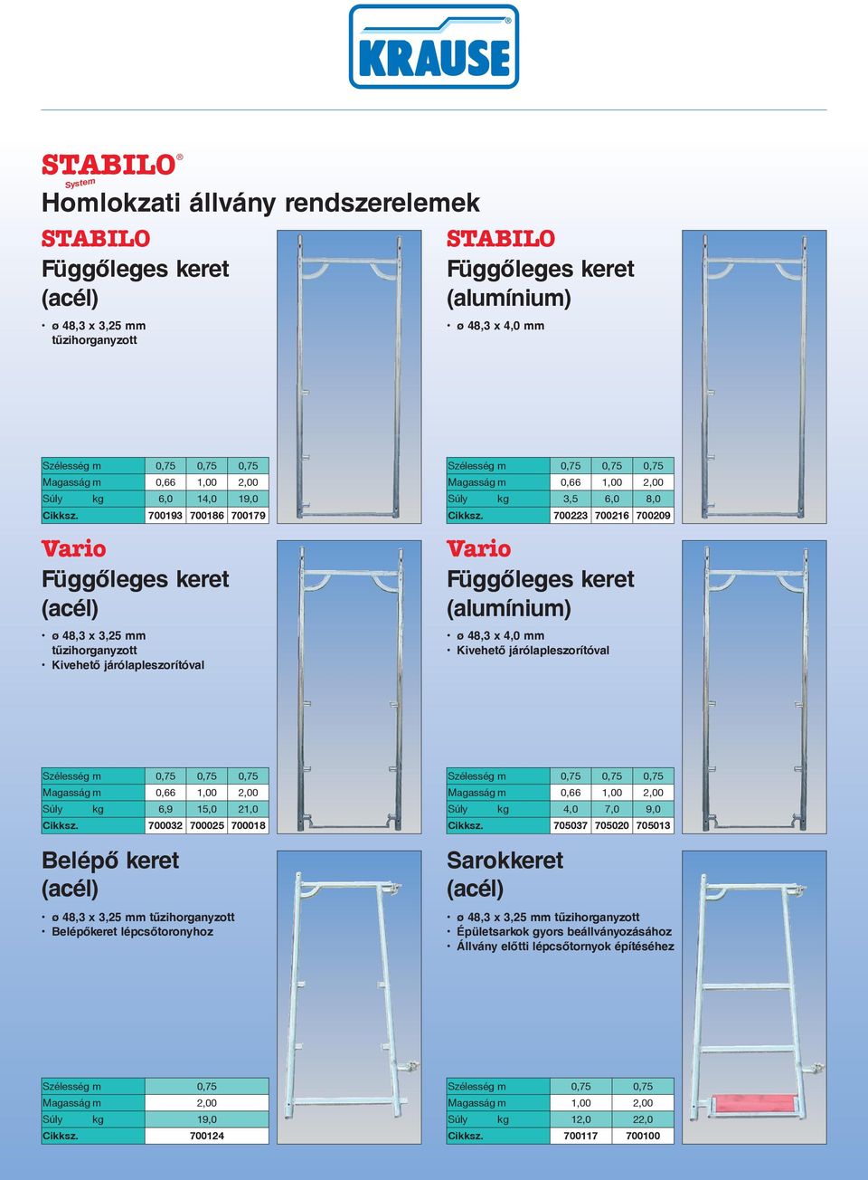 700223 700216 700209 Vario ø 48,3 x 4,0 mm Kivehető járólapleszorítóval Súly kg 6,9 15,0 21,0 Cikksz.