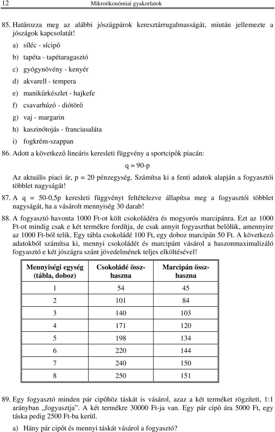 fogkrém-szappan 86. Adott a következő lineáris keresleti függvény a sportcipők piacán: = 90-p Az aktuális piaci ár, p = 20 pénzegység.