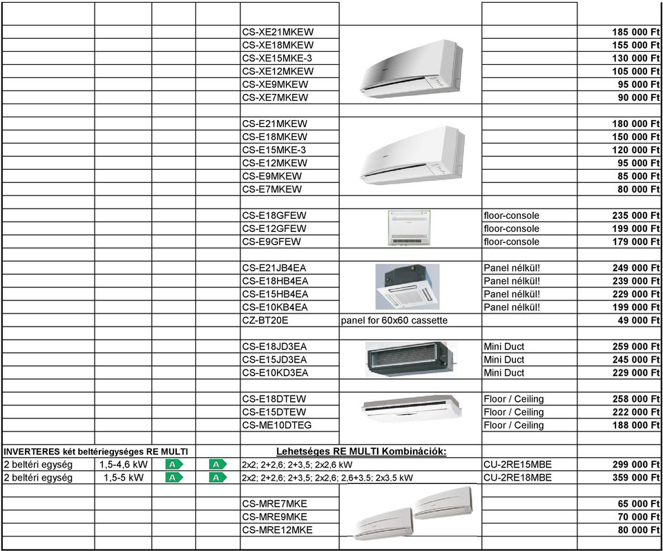 249 000 Ft CS-E18HB4EA Panel nélkül! 239 000 Ft CS-E15HB4EA Panel nélkül! 229 000 Ft CS-E10KB4EA Panel nélkül!