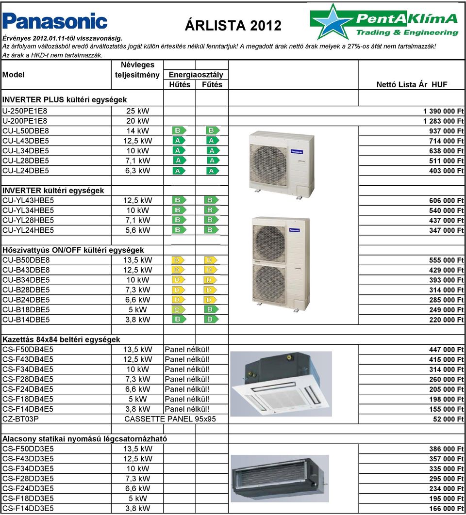 Névleges Model teljesítmény Energiaosztály Hűtés Fűtés INVERTER PLUS kültéri egységek U-250PE1E8 25 kw 1 390 000 Ft U-200PE1E8 20 kw 1 283 000 Ft CU-L50DBE8 14 kw 937 000 Ft CU-L43DBE5 12,5 kw 714