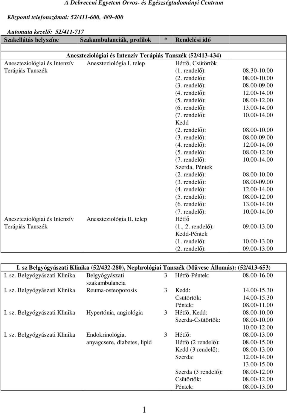 telep Hétfő (1., 2. Kedd-Péntek 08.30-10.00 08.00-09.00 13.00-14.00 10.00-14.00 08.00-09.00 10.00-14.00 08.00-09.00 13.00-14.00 10.00-14.00 10.00-13.00 I.