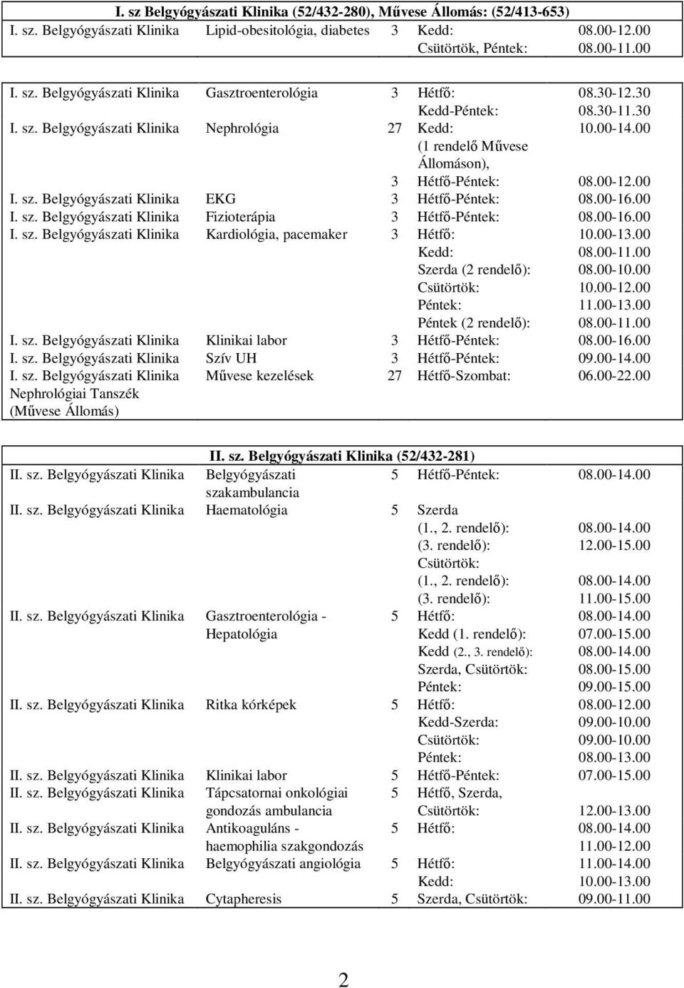 sz. Belgyógyászati Klinika Kardiológia, pacemaker 3 Hétfő: Szerda (2 Péntek (2 10.00-13.00 I. sz. Belgyógyászati Klinika Klinikai labor 3 Hétfő- I. sz. Belgyógyászati Klinika Szív UH 3 Hétfő- 09.