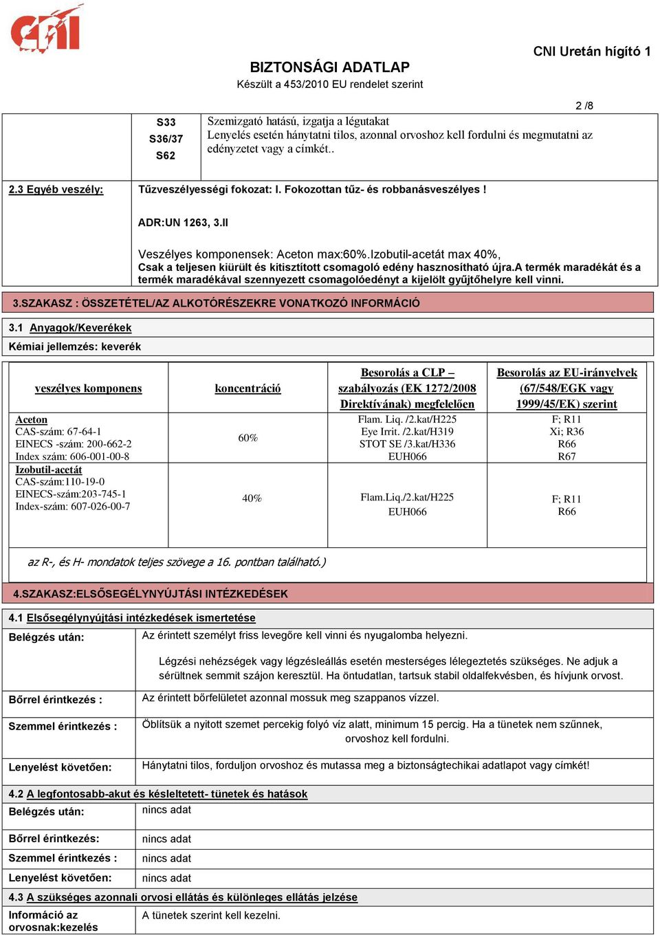a termék maradékát és a termék maradékával szennyezett csomagolóedényt a kijelölt gyűjtőhelyre kell vinni. 3.SZAKASZ : ÖSSZETÉTEL/AZ ALKOTÓRÉSZEKRE VONATKOZÓ INFORMÁCIÓ 3.