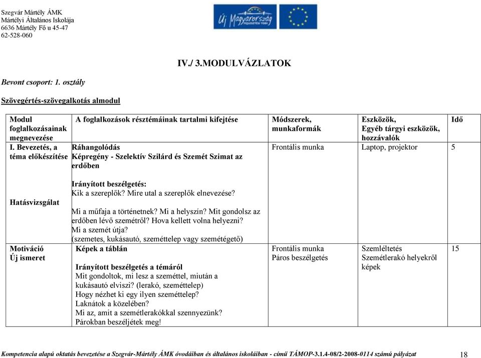 eszközök, hozzávalók Frontális munka Laptop, projektor 5 Idő Hatásvizsgálat Motiváció Új ismeret Irányított beszélgetés: Kik a szereplők? Mire utal a szereplők elnevezése? Mi a műfaja a történetnek?