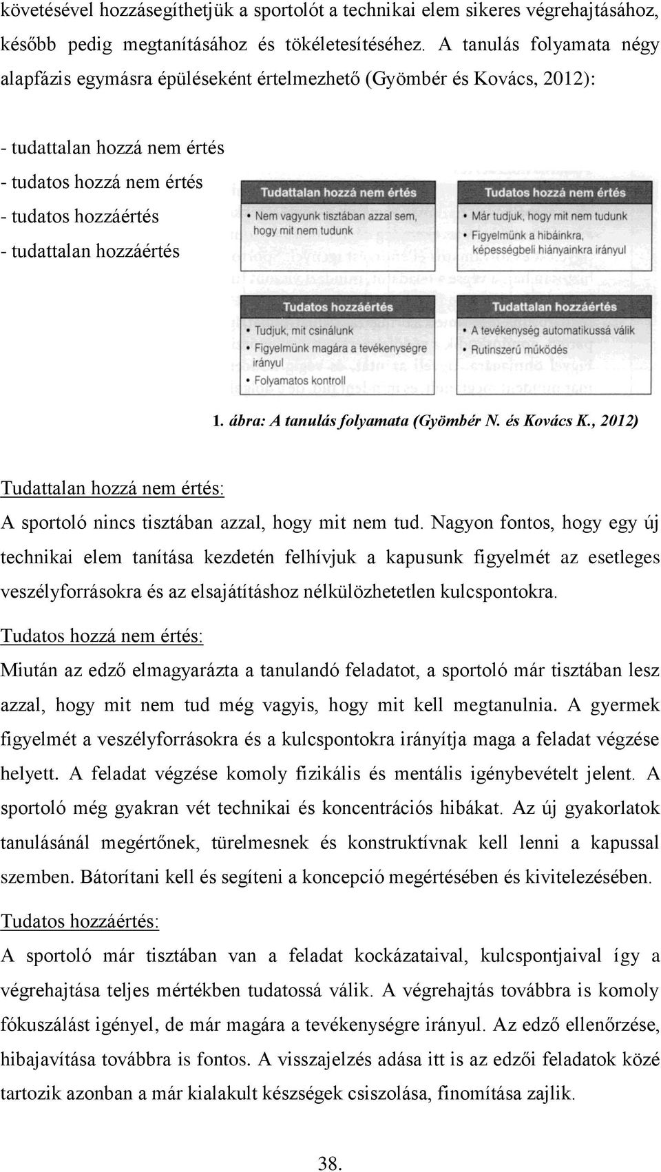 ábra: A tanulás folyamata (Gyömbér N. és Kovács K., 2012) Tudattalan hozzá nem értés: A sportoló nincs tisztában azzal, hogy mit nem tud.