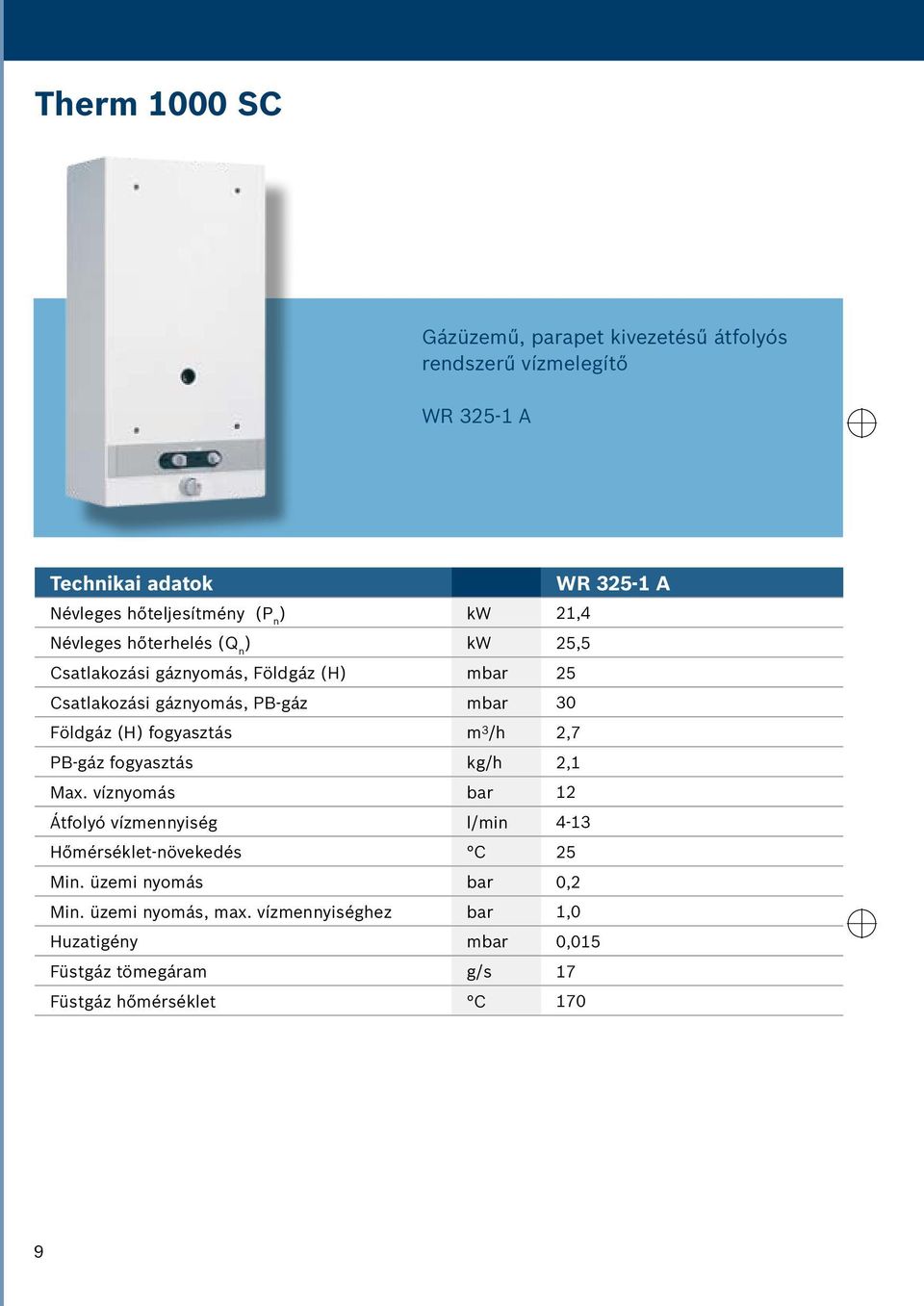 (H) fogyasztás m 3 /h 2,7 PB-gáz fogyasztás kg/h 2,1 Max. víznyomás bar 12 Átfolyó vízmennyiség l/min 4-13 Hőmérséklet-növekedés C 25 Min.