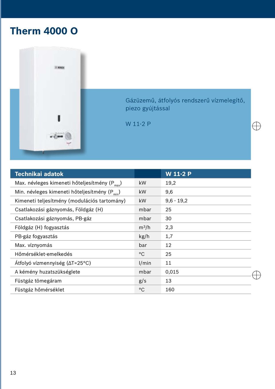 névleges kimeneti hőteljesítmény (P min ) kw 9,6 Kimeneti teljesítmény (modulációs tartomány) kw 9,6-19,2 Csatlakozási gáznyomás, Földgáz (H) mbar