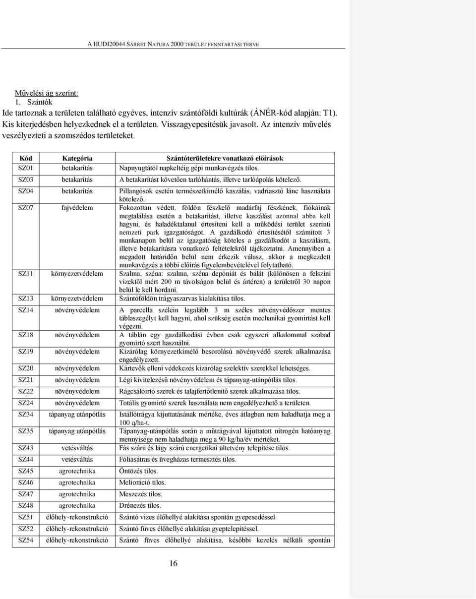 Kód Kategória Szántóterületekre vonatkozó előírások SZ01 betakarítás Napnyugtától napkeltéig gépi munkavégzés tilos. SZ03 betakarítás A betakarítást követően tarlóhántás, illetve tarlóápolás kötelező.